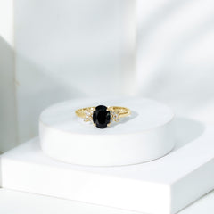 Oval Created Black Diamond Solitaire Ring with Diamond in Split Shank