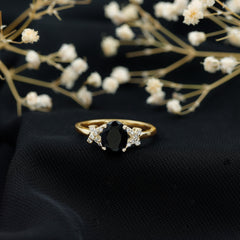 Oval Created Black Diamond Solitaire Ring with Diamond in Split Shank