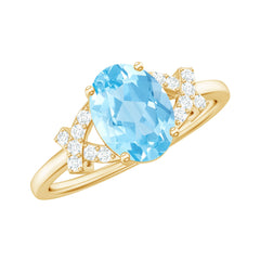 Oval Shape Aquamarine Solitaire Ring with Diamond