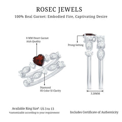 Natural Garnet Diamond Heart Engagement Ring with Wedding Band