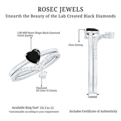Heart Shape Created Black Diamond Solitaire Ring Set with Diamond