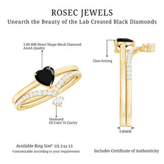 Heart Shape Created Black Diamond Solitaire Ring Set with Diamond