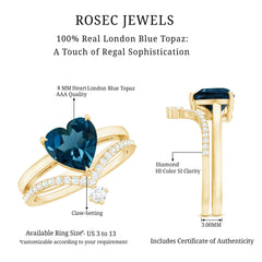 8mm Heart Shaped London Blue Topaz Solitaire Ring Set with Diamond Curved Band