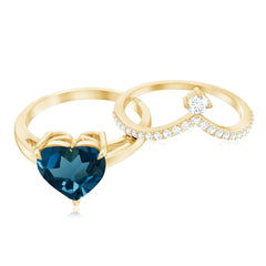 8mm Heart Shaped London Blue Topaz Solitaire Ring Set with Diamond Curved Band