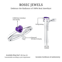 Natural Amethyst Solitaire Heart Ring Set with Diamond