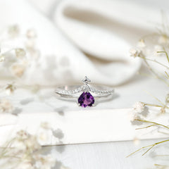 Natural Amethyst Solitaire Heart Ring Set with Diamond