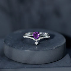 Natural Amethyst Solitaire Heart Ring Set with Diamond