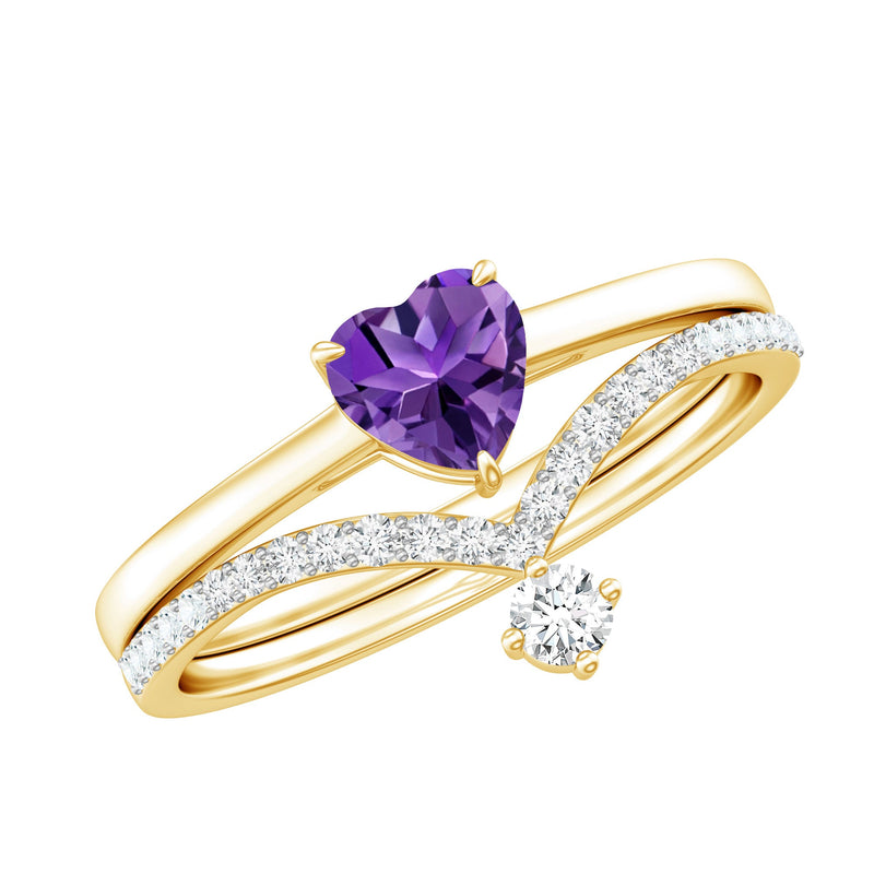 Natural Amethyst Solitaire Heart Ring Set with Diamond