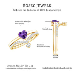 Natural Amethyst Solitaire Heart Ring Set with Diamond