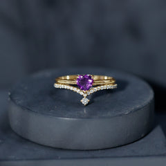 Natural Amethyst Solitaire Heart Ring Set with Diamond