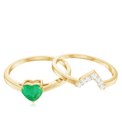 Natural Heart Shape Emerald Diamond Wedding Ring Set with Certificate