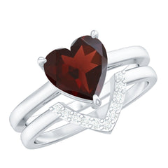 Real 8mm Garnet Diamond Heart Shaped Wedding Engagement Ring Set of 2