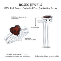 Real 8mm Garnet Diamond Heart Shaped Wedding Engagement Ring Set of 2