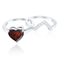 Real 8mm Garnet Diamond Heart Shaped Wedding Engagement Ring Set of 2