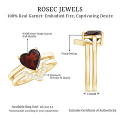 Real 8mm Garnet Diamond Heart Shaped Wedding Engagement Ring Set of 2