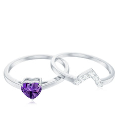 Heart Shape Amethyst and Diamond Ring Set