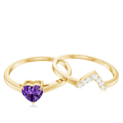 Heart Shape Amethyst and Diamond Ring Set