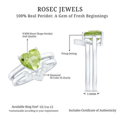 Natural 2 Carat Heart Shape Peridot Wedding Ring Set of 2 with Diamond