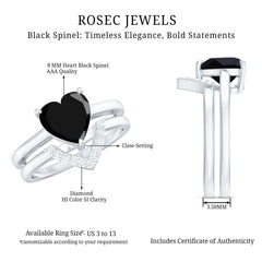 Natural Black Spinel Diamond 2 Carat Heart Engagement and Wedding Ring Set of 2