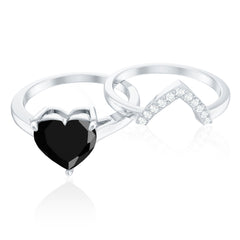 Natural Black Spinel Diamond 2 Carat Heart Engagement and Wedding Ring Set of 2