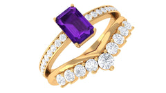 Octagon Cut Amethyst and Diamond Stackable Ring Set