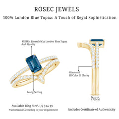 Genuine London Blue Topaz Emerald Cut Engagement Ring Set with Diamond Band