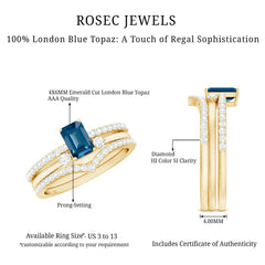 4X6mm Emerald Cut London Blue Topaz Curved Wedding Ring Set with Certificate