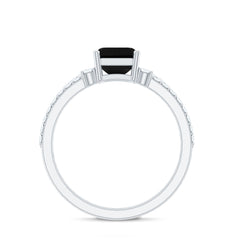 Emerald Cut Created Black Diamond Engagement Ring Set with Diamond