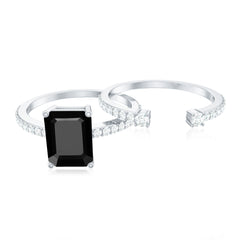 Emerald Cut Created Black Diamond Engagement Ring Set with Diamond