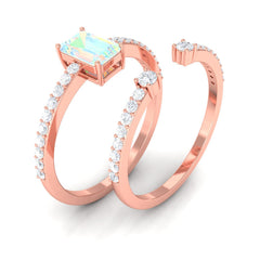 6X8mm Emerald Cut Ethiopian Opal Solitaire Engagement Ring Set with Diamond Band