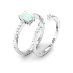 6X8mm Emerald Cut Ethiopian Opal Solitaire Engagement Ring Set with Diamond Band