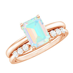6x8mm Emerald Cut Ethiopian Opal Solitaire Ring Set with Diamond Enhancer