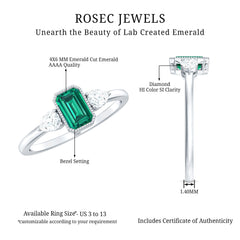 Emerald Cut Lab Grown Emerald Diamond Three Stone Ring with Beaded Details