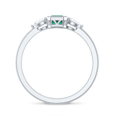 Emerald Cut Lab Grown Emerald Diamond Three Stone Ring with Beaded Details