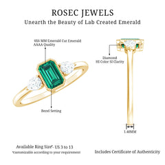 Emerald Cut Lab Grown Emerald Diamond Three Stone Ring with Beaded Details