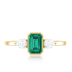Emerald Cut Lab Grown Emerald Diamond Three Stone Ring with Beaded Details