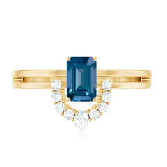 Emerald Cut London Blue Topaz Double Band Engagement Ring with Diamond