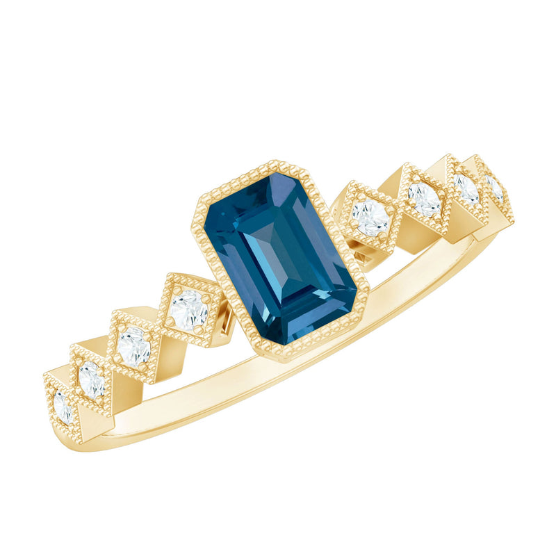 4X6mm Emerald Cut London Blue Topaz Engagement Ring with Beaded Details
