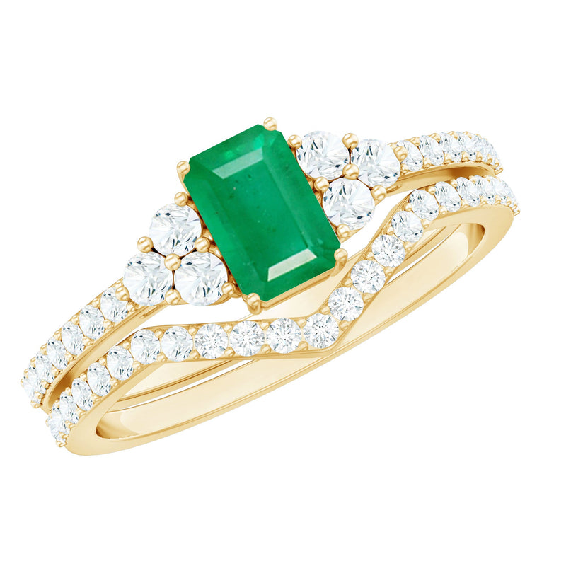 Genuine Emerald Cut Emerald Diamond Bridal Ring Set of 2