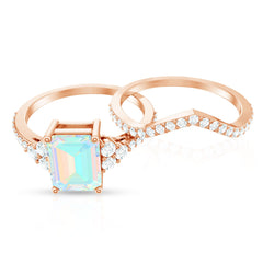6X8 mm Emerald Cut Ethiopian Opal Classic Ring Set with Diamond Band