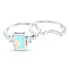 6X8 mm Emerald Cut Ethiopian Opal Classic Ring Set with Diamond Band