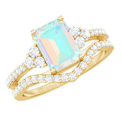 6X8 mm Emerald Cut Ethiopian Opal Classic Ring Set with Diamond Band