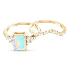 6X8 mm Emerald Cut Ethiopian Opal Classic Ring Set with Diamond Band