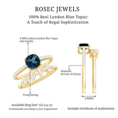 8mm Cushion Cut London Blue Topaz and Diamond Engagement Ring with Wedding Band