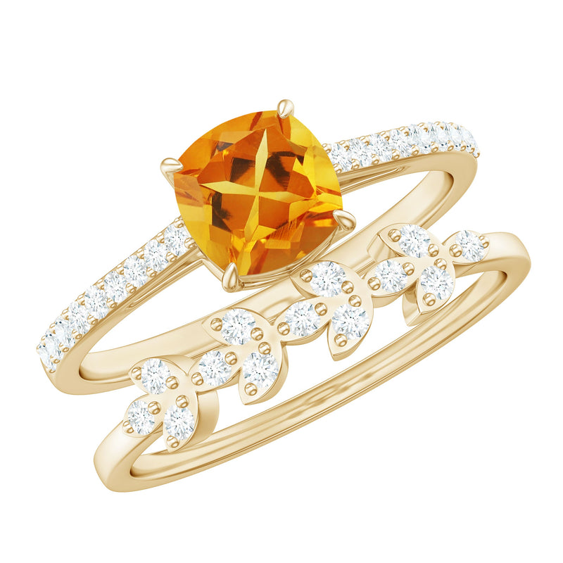 Natural Citrine Moissanite Wedding Bridal Ring Set of 2