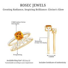 Natural Citrine Moissanite Wedding Bridal Ring Set of 2