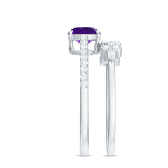 Cushion Cut Amethyst Wedding Ring Set with Diamond