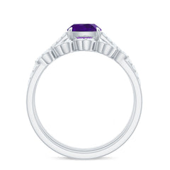 Cushion Cut Amethyst Wedding Ring Set with Diamond