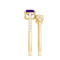 Cushion Cut Amethyst Wedding Ring Set with Diamond