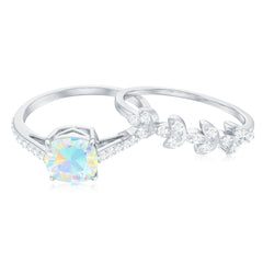 6 mm Cushion Cut Ethiopian Opal Solitaire Ring Set with Diamond Stackable Band
